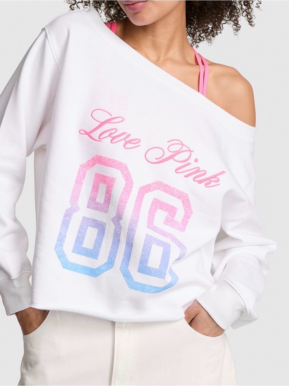 PINK Victoria's Secret White Crewneck Off Shoulder Cropped Sweatshirt